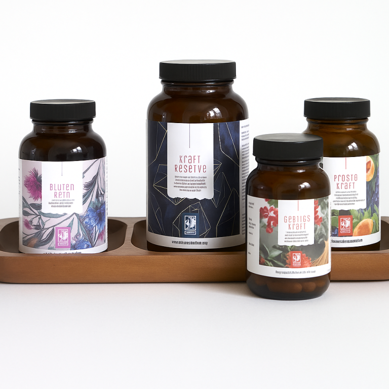 Vier dekorative Glasbehälter mit Etiketten auf einem Holztablett.